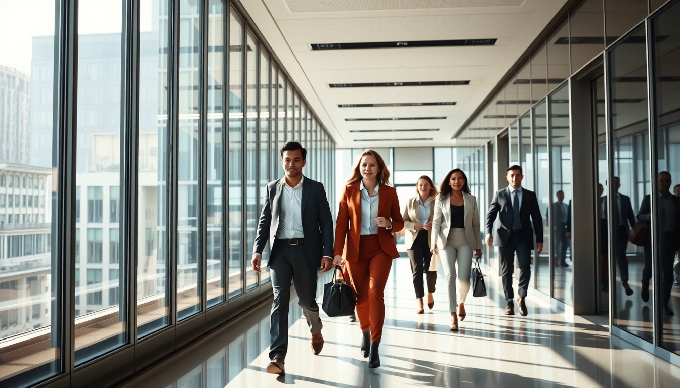 Executivos diversos no lobby corporativo de vidro em estilo editorial