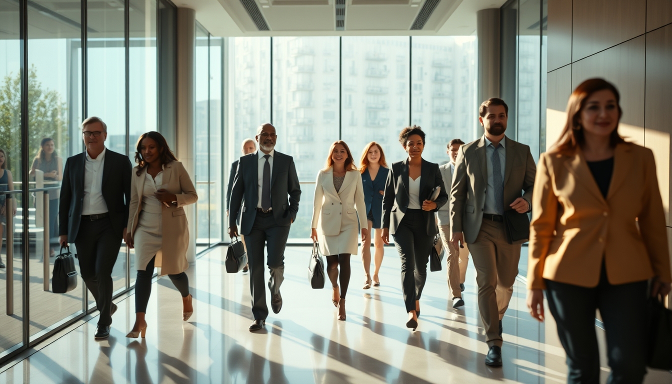 Executivos diversos no lobby corporativo de vidro em estilo editorial