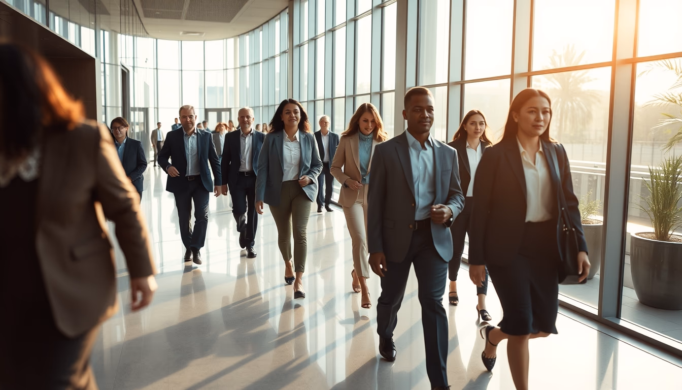 diverse executives walking through glass-walled corporate lobby in editorial style