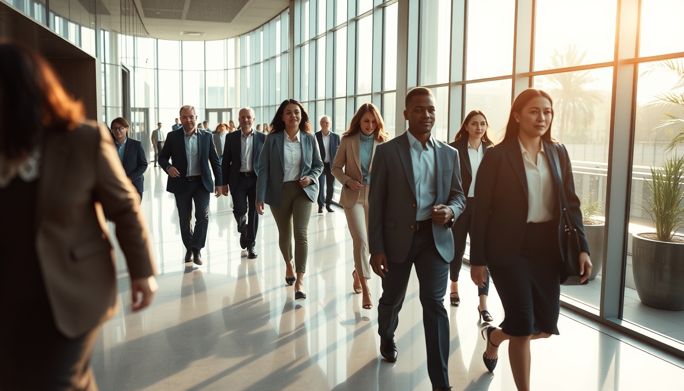 Executivos diversos no lobby corporativo de vidro em estilo editorial