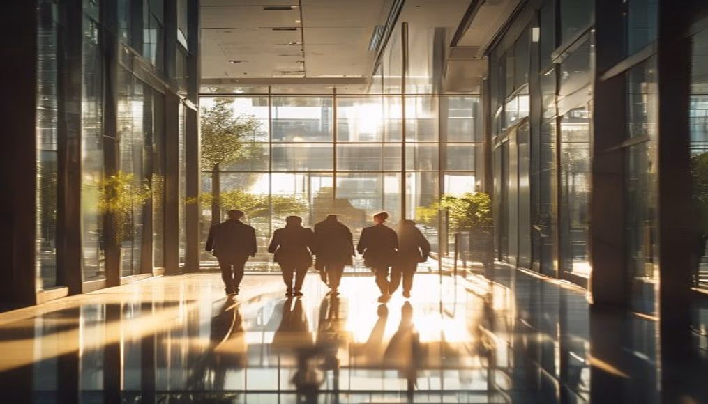 Executivos diversos no lobby corporativo de vidro em estilo editorial