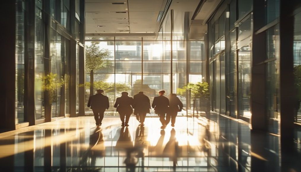 Executivos diversos no lobby corporativo de vidro em estilo editorial