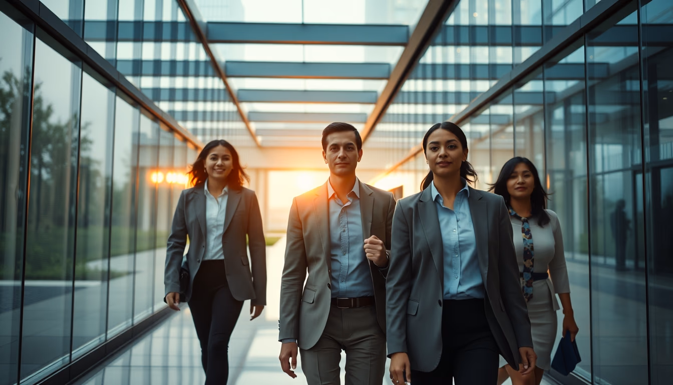 diverse executives walking through glass-walled corporate lobby in editorial style