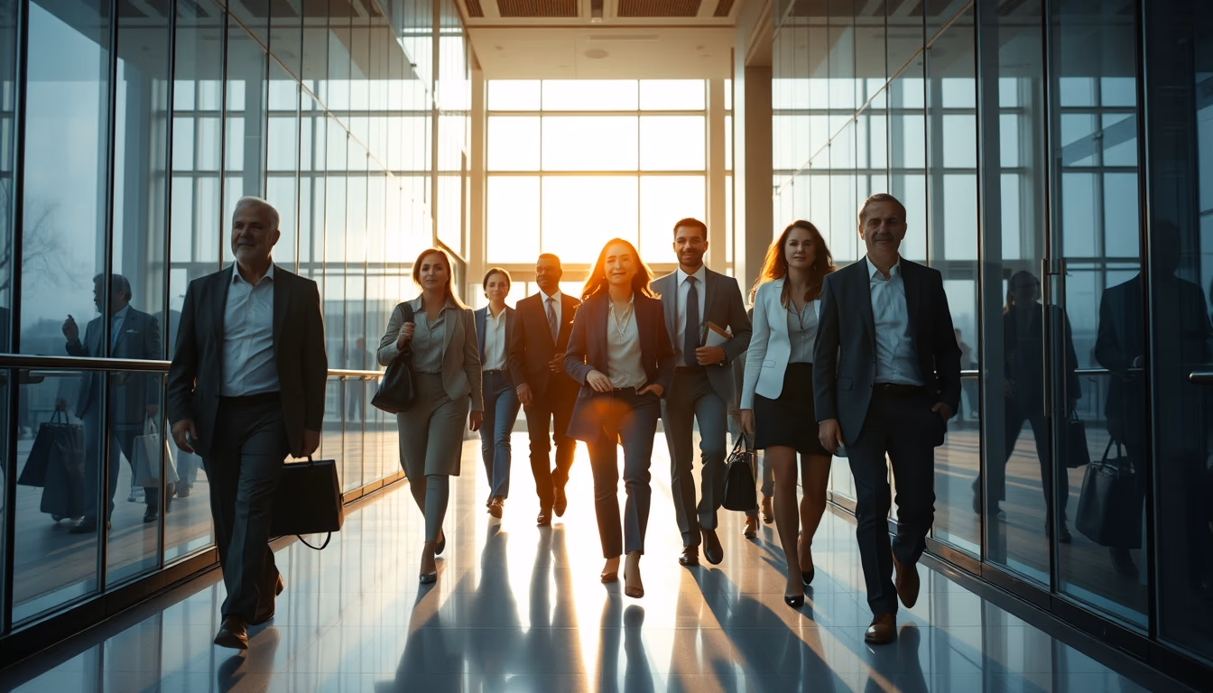 diverse executives walking through glass-walled corporate lobby in editorial style