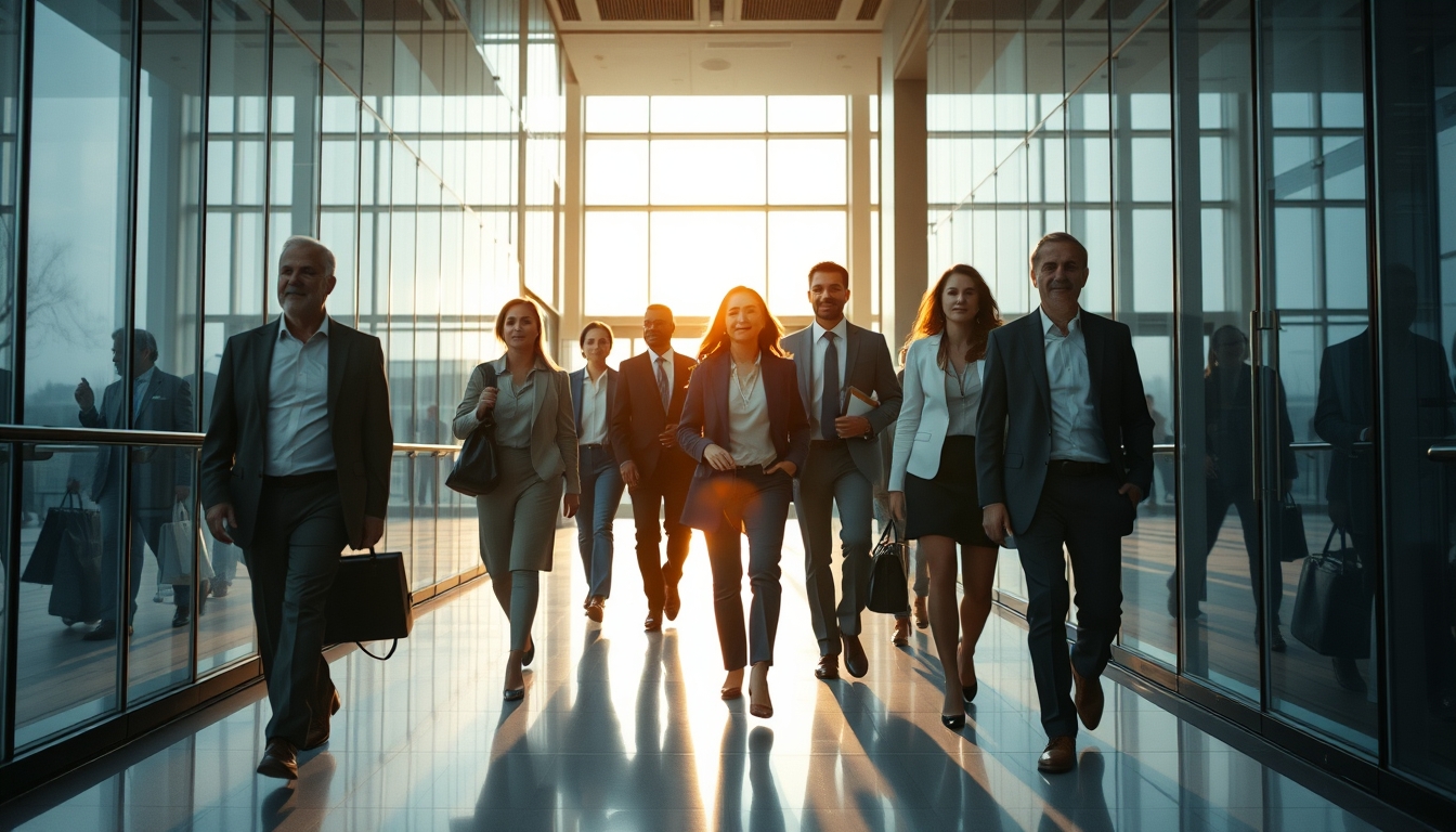 Executivos diversos no lobby corporativo de vidro em estilo editorial
