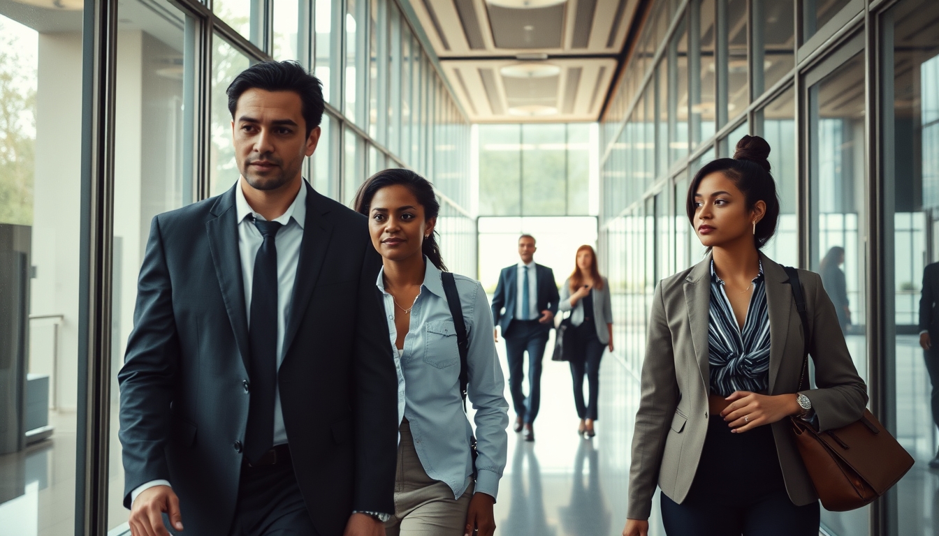 Executivos diversos no lobby corporativo de vidro em estilo editorial
