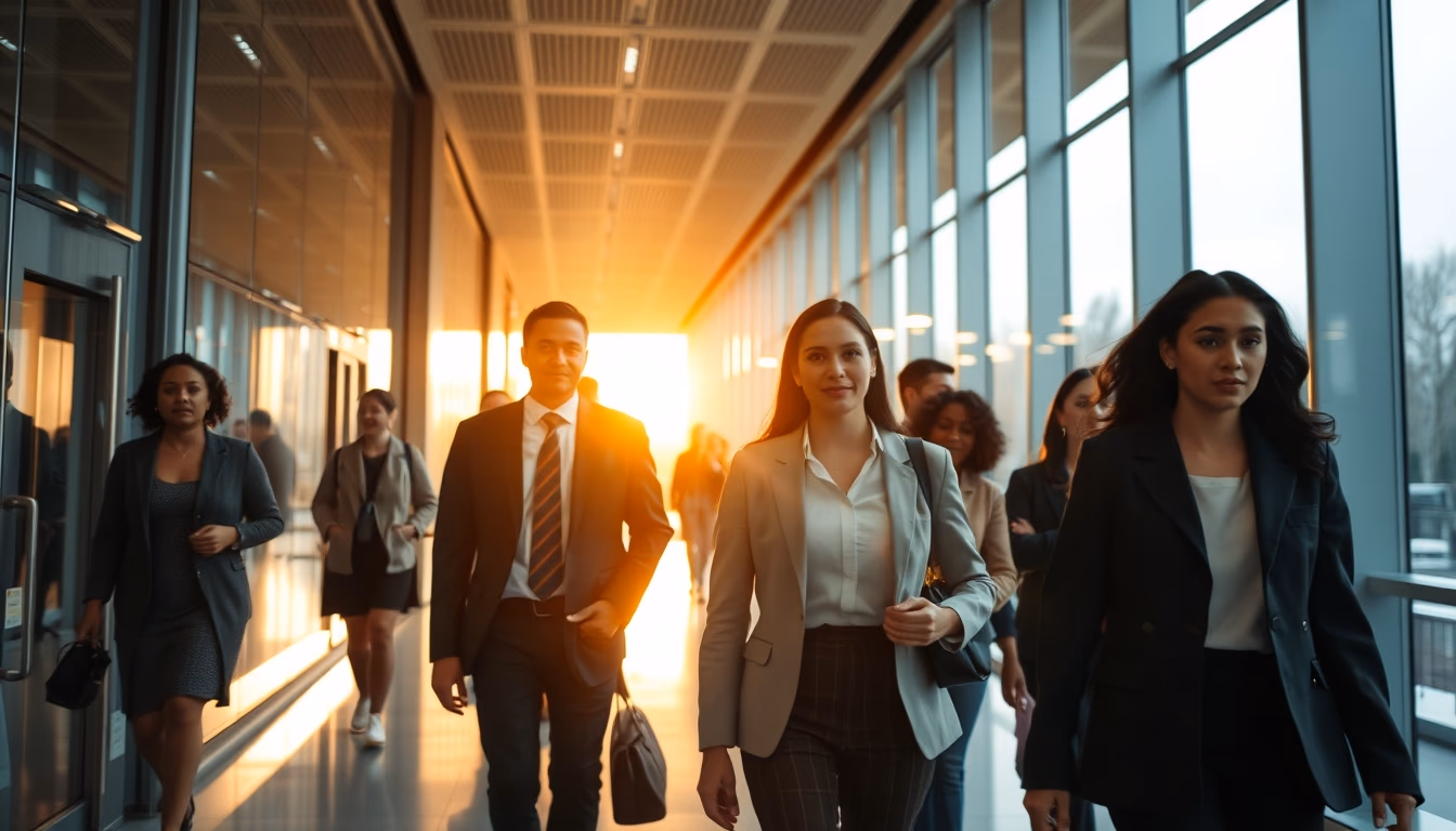 diverse executives walking through glass-walled corporate lobby in editorial style
