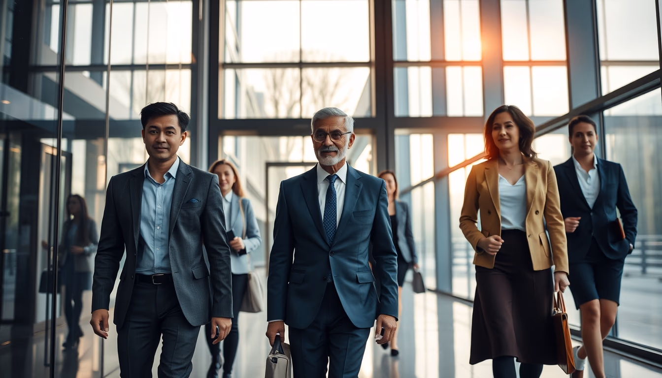 Executivos diversos no lobby corporativo de vidro em estilo editorial