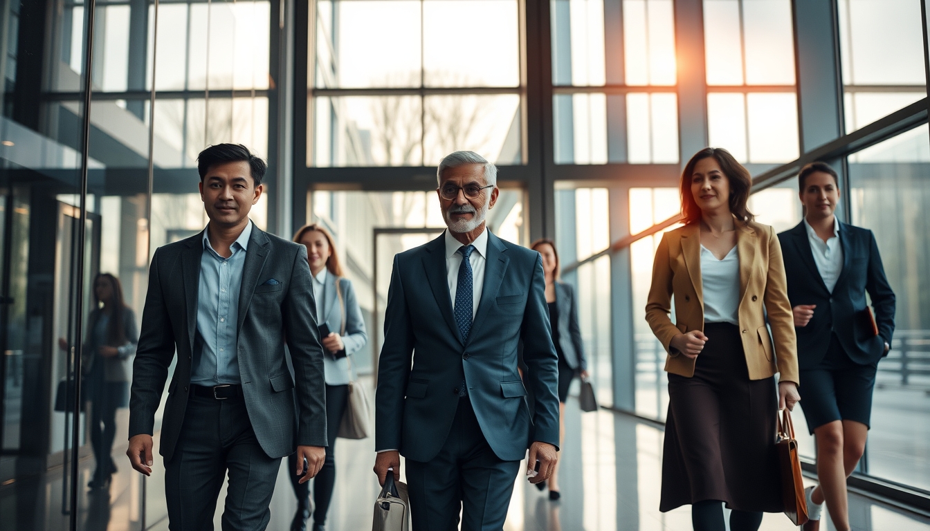 Executivos diversos no lobby corporativo de vidro em estilo editorial