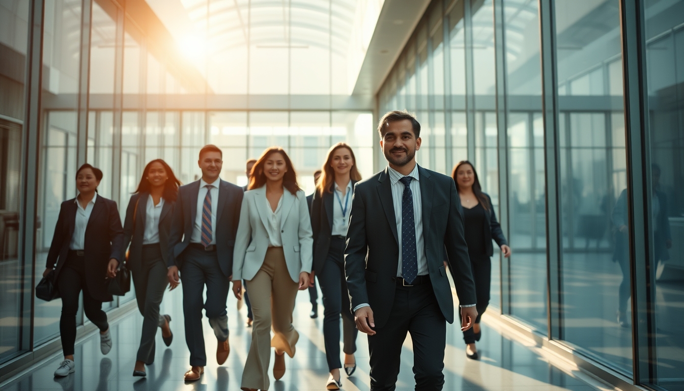 Executivos diversos no lobby corporativo de vidro em estilo editorial