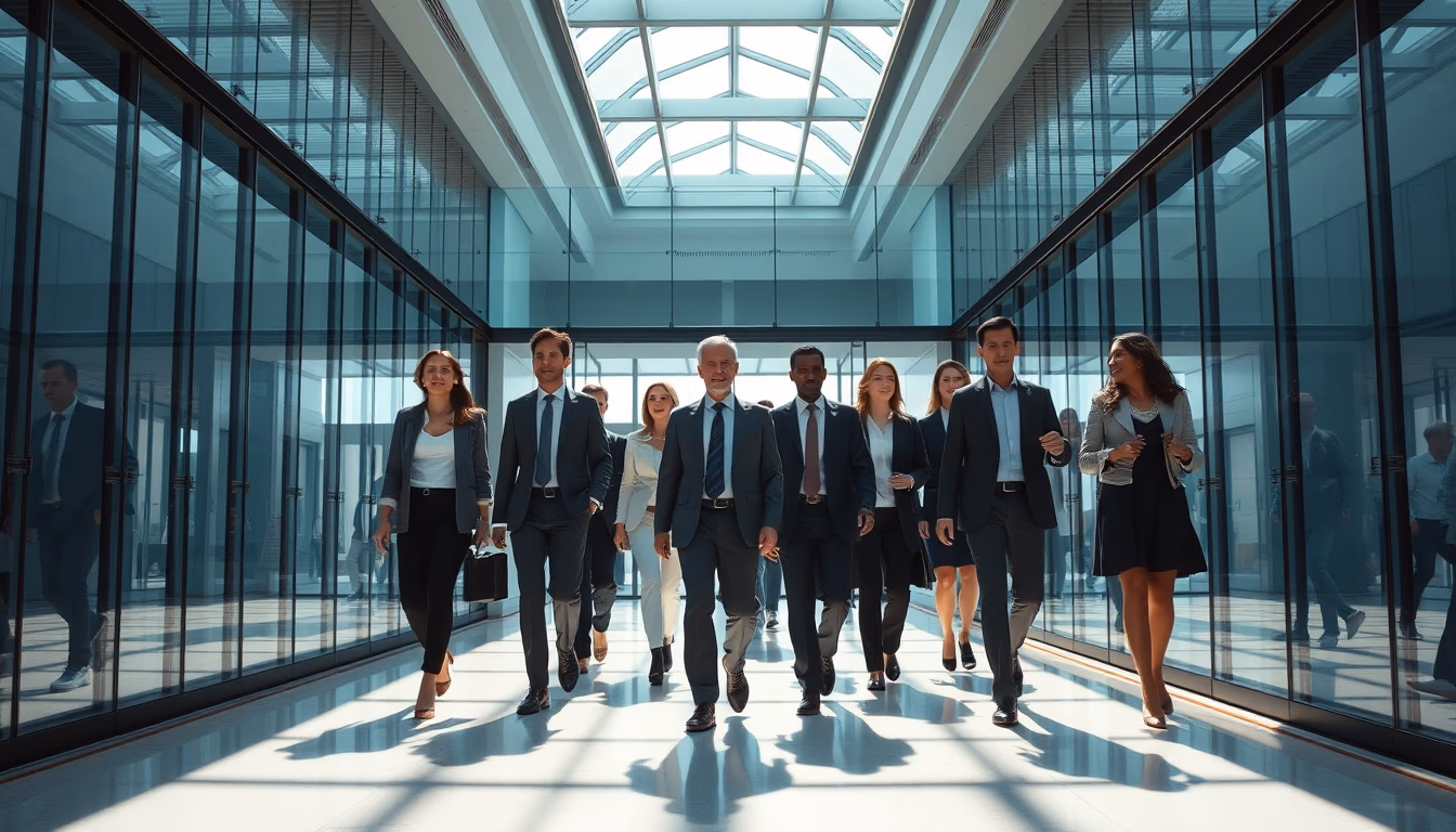 diverse executives walking through glass-walled corporate lobby in editorial style