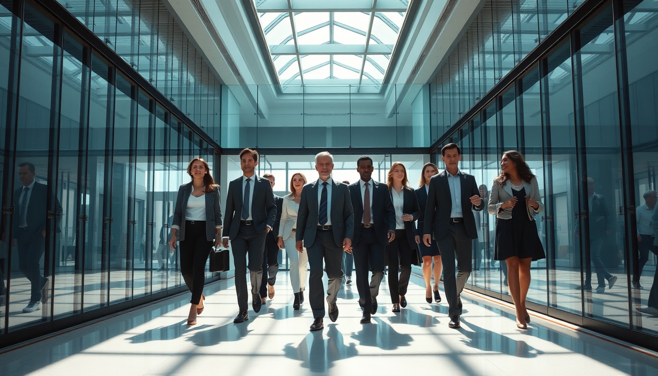 Executivos diversos no lobby corporativo de vidro em estilo editorial