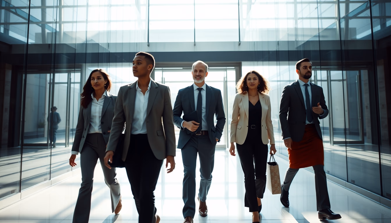 diverse executives walking through glass-walled corporate lobby in editorial style