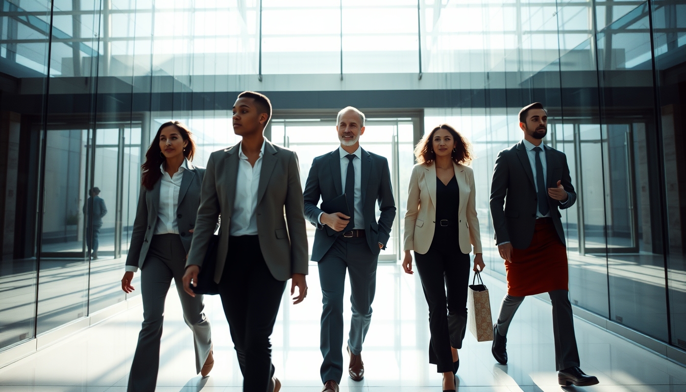 Executivos diversos no lobby corporativo de vidro em estilo editorial