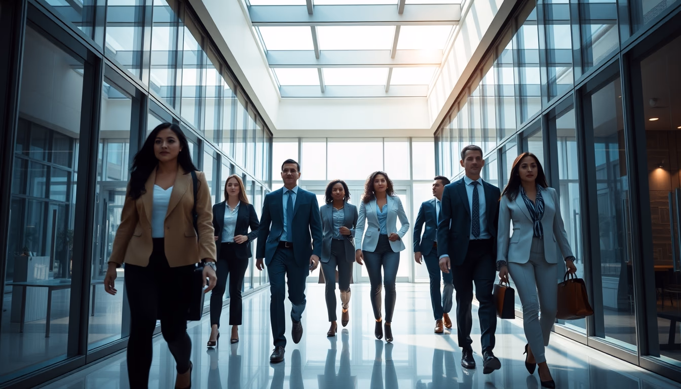diverse executives walking through glass-walled corporate lobby in editorial style