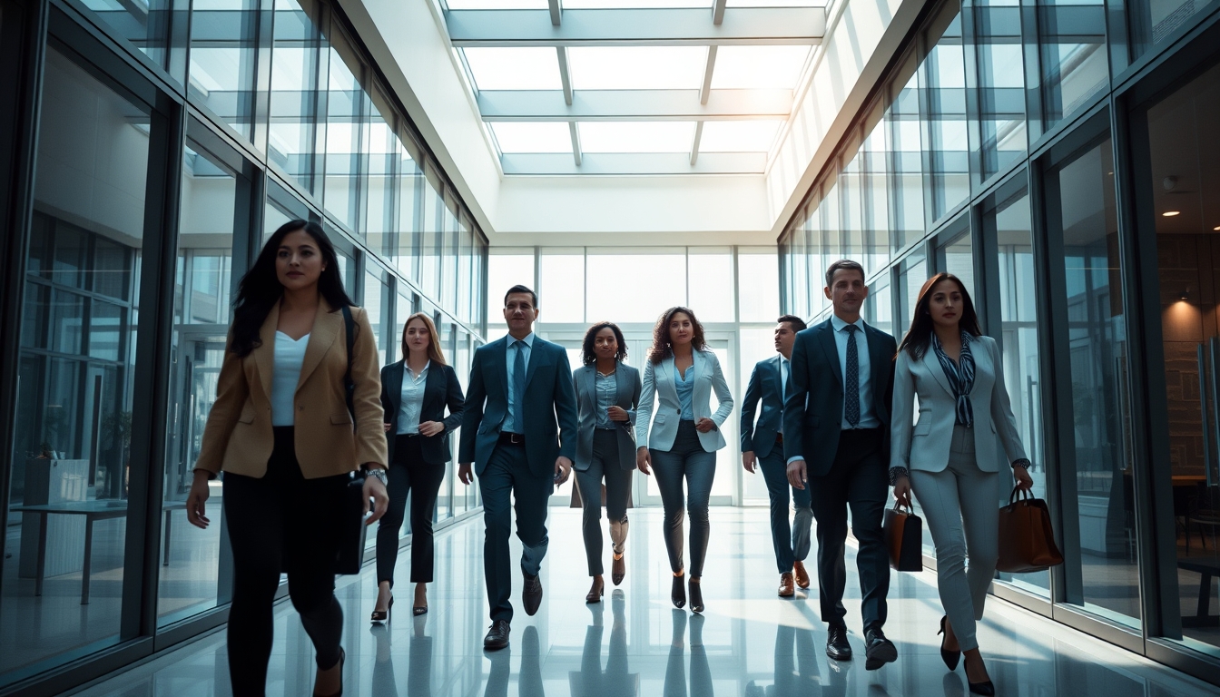 Executivos diversos no lobby corporativo de vidro em estilo editorial