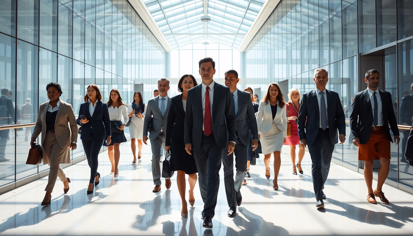 diverse executives walking through glass-walled corporate lobby in editorial style