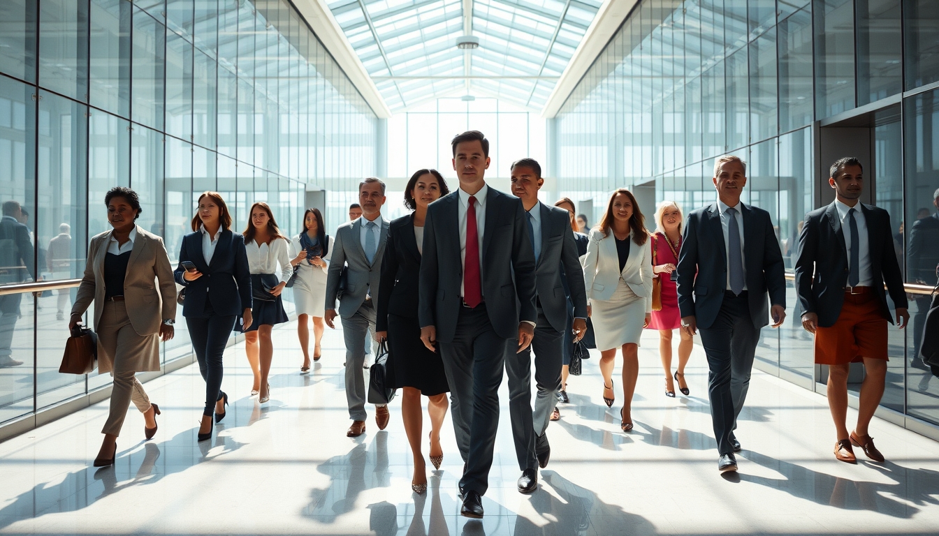 Executivos diversos no lobby corporativo de vidro em estilo editorial