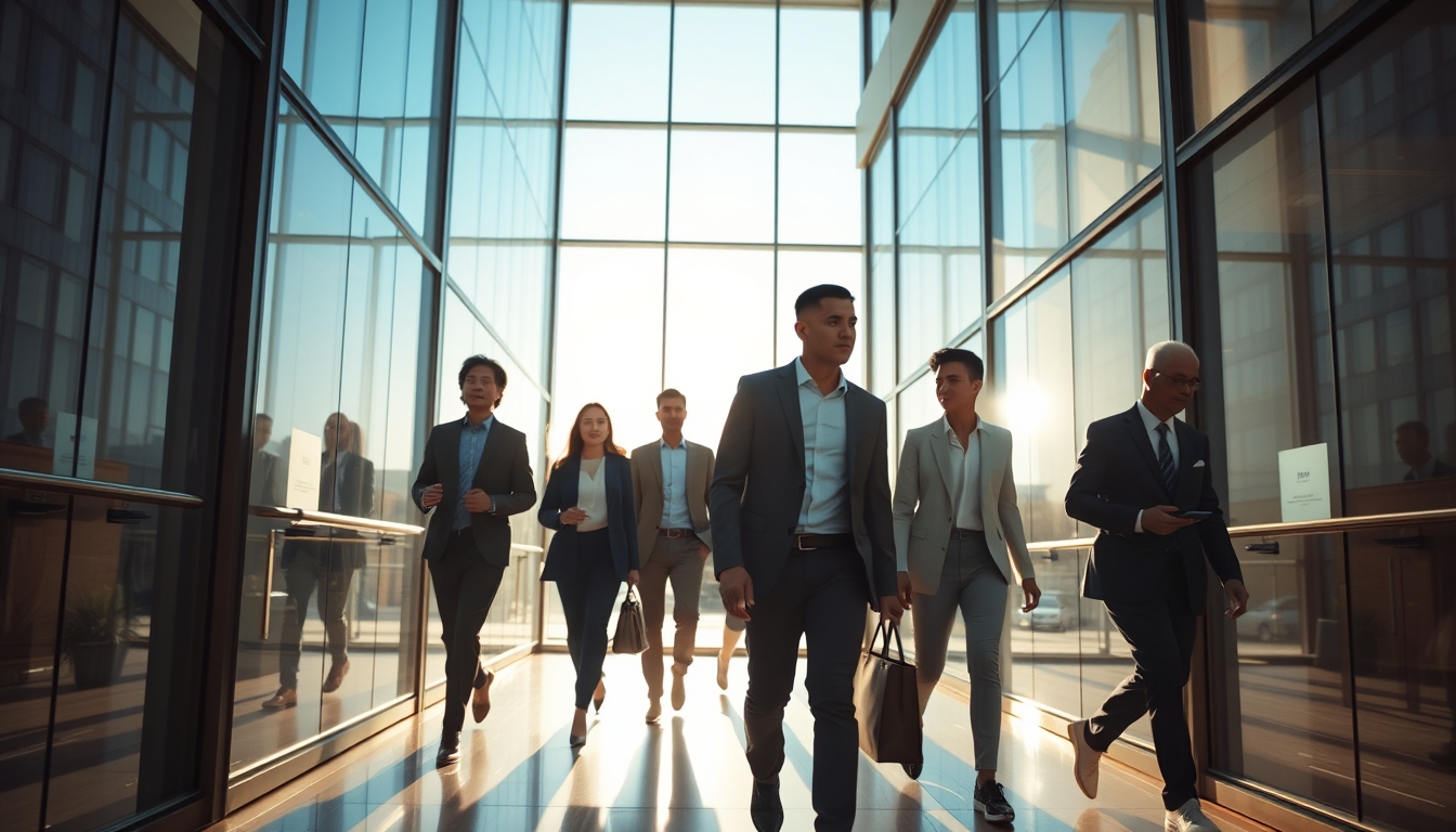 Executivos diversos no lobby corporativo de vidro em estilo editorial