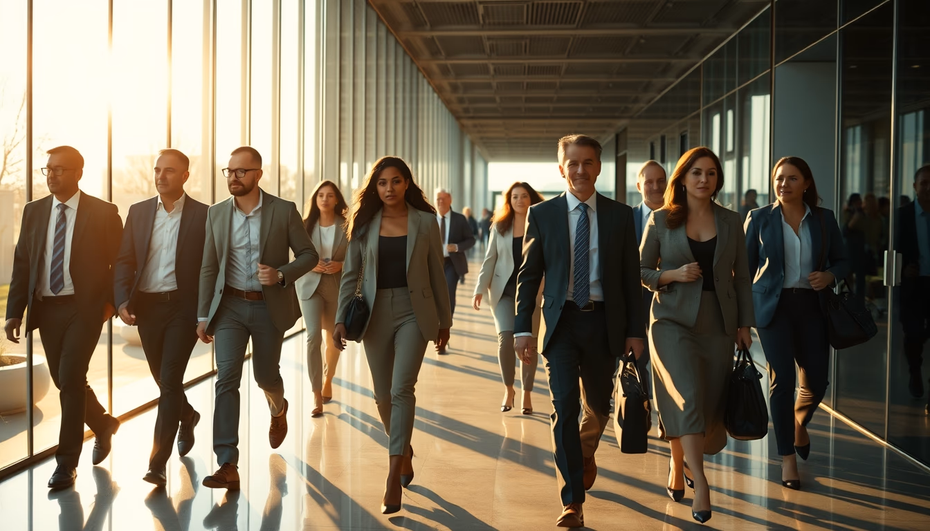 diverse executives walking through glass-walled corporate lobby in editorial style