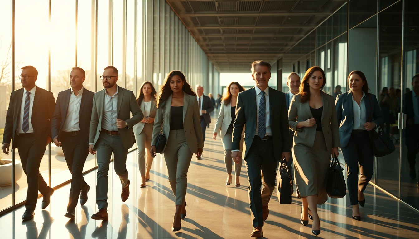 Executivos diversos no lobby corporativo de vidro em estilo editorial