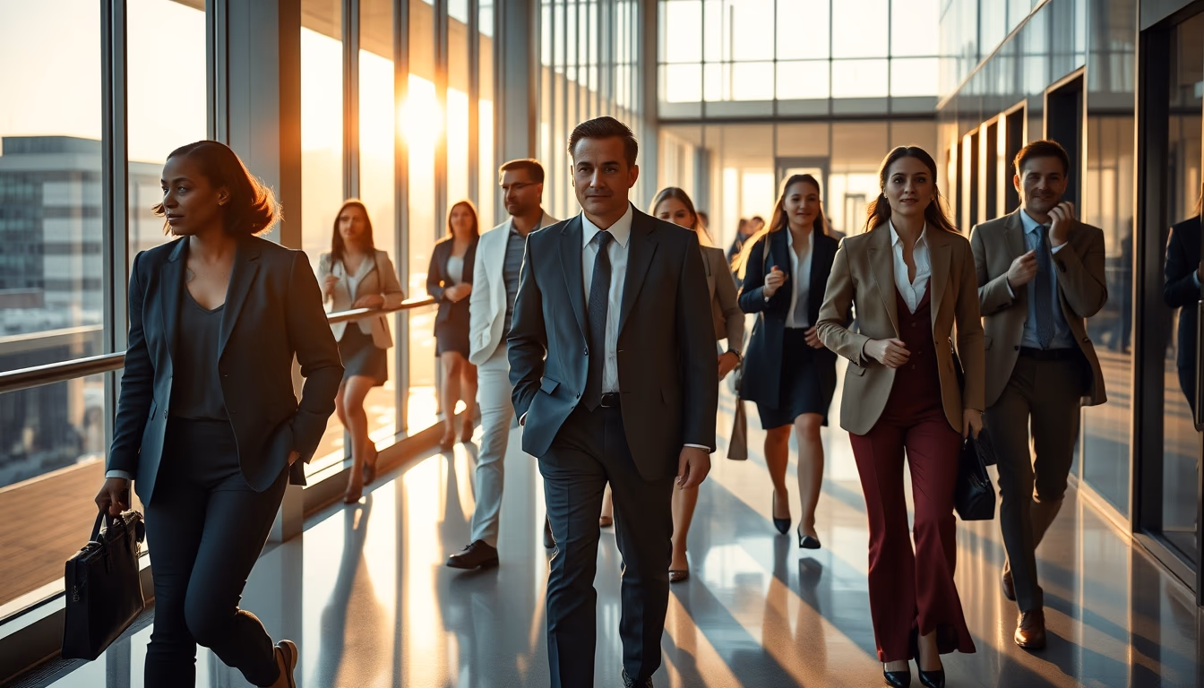 diverse executives walking through glass-walled corporate lobby in editorial style