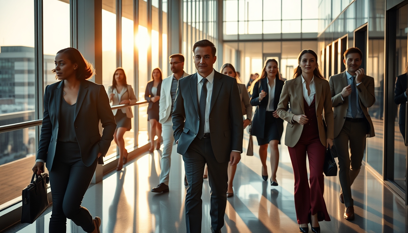 Executivos diversos no lobby corporativo de vidro em estilo editorial