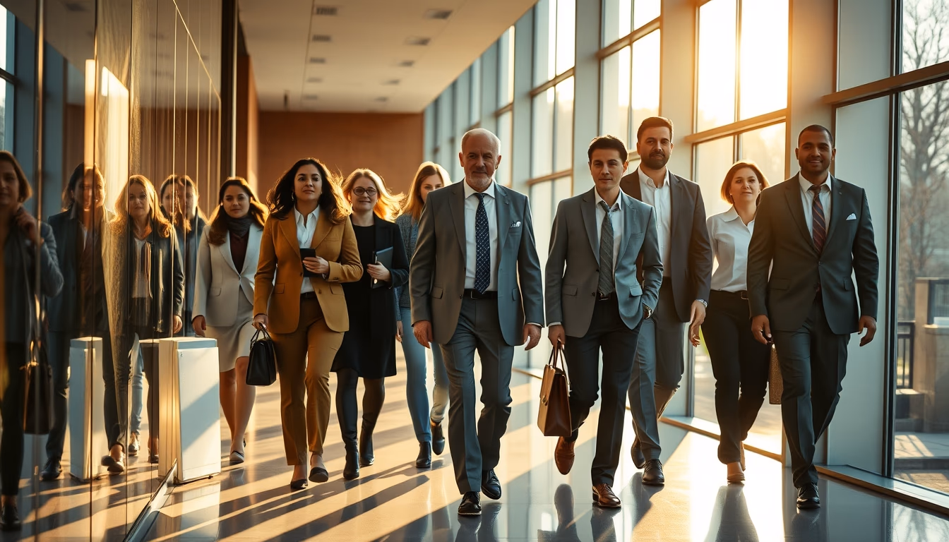 diverse executives walking through glass-walled corporate lobby in editorial style