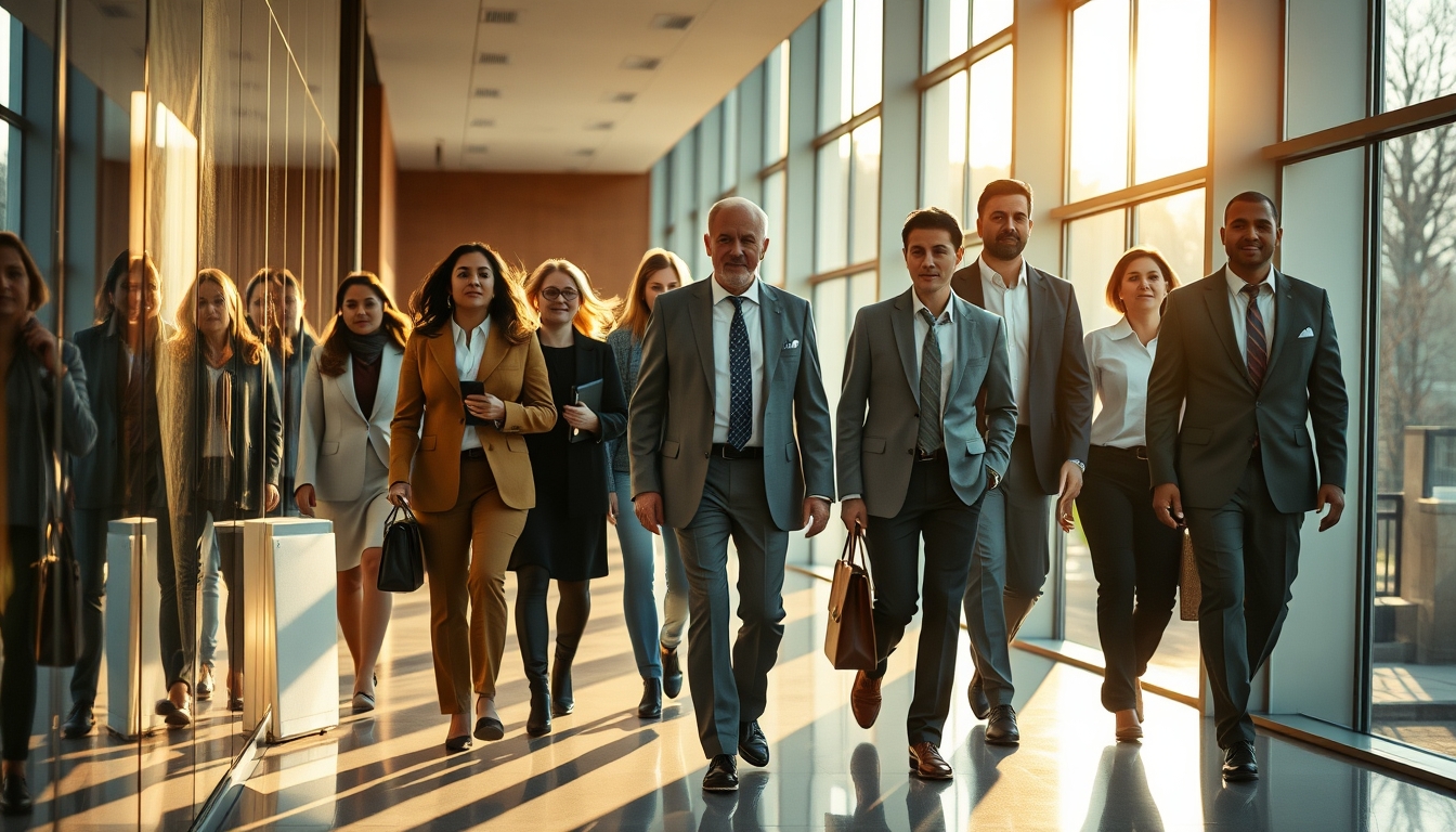 Executivos diversos no lobby corporativo de vidro em estilo editorial