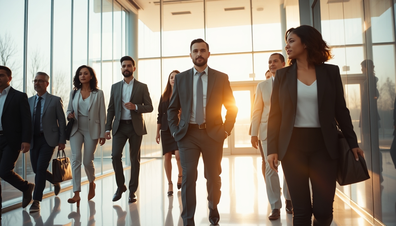 Executivos diversos no lobby corporativo de vidro em estilo editorial