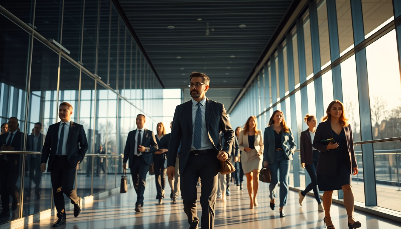 diverse executives walking through glass-walled corporate lobby in editorial style