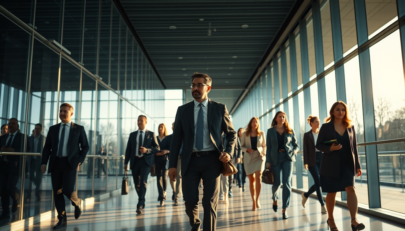 Executivos diversos no lobby corporativo de vidro em estilo editorial