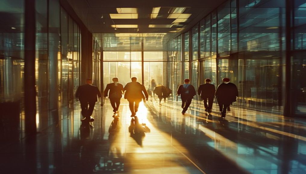 Executivos diversos no lobby corporativo de vidro em estilo editorial