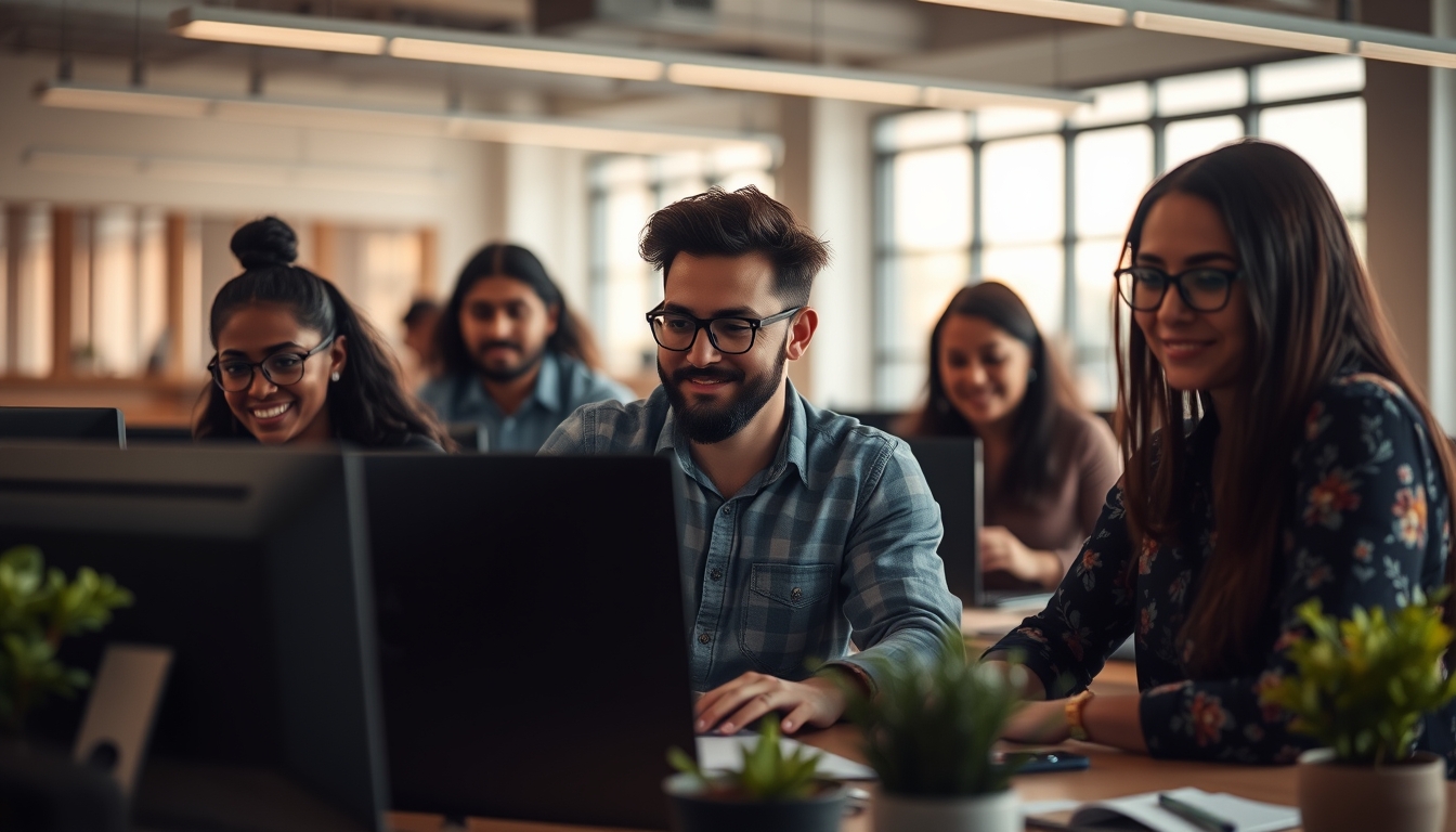 Time de engenharia de software em coworking brasileiro em estilo editorial