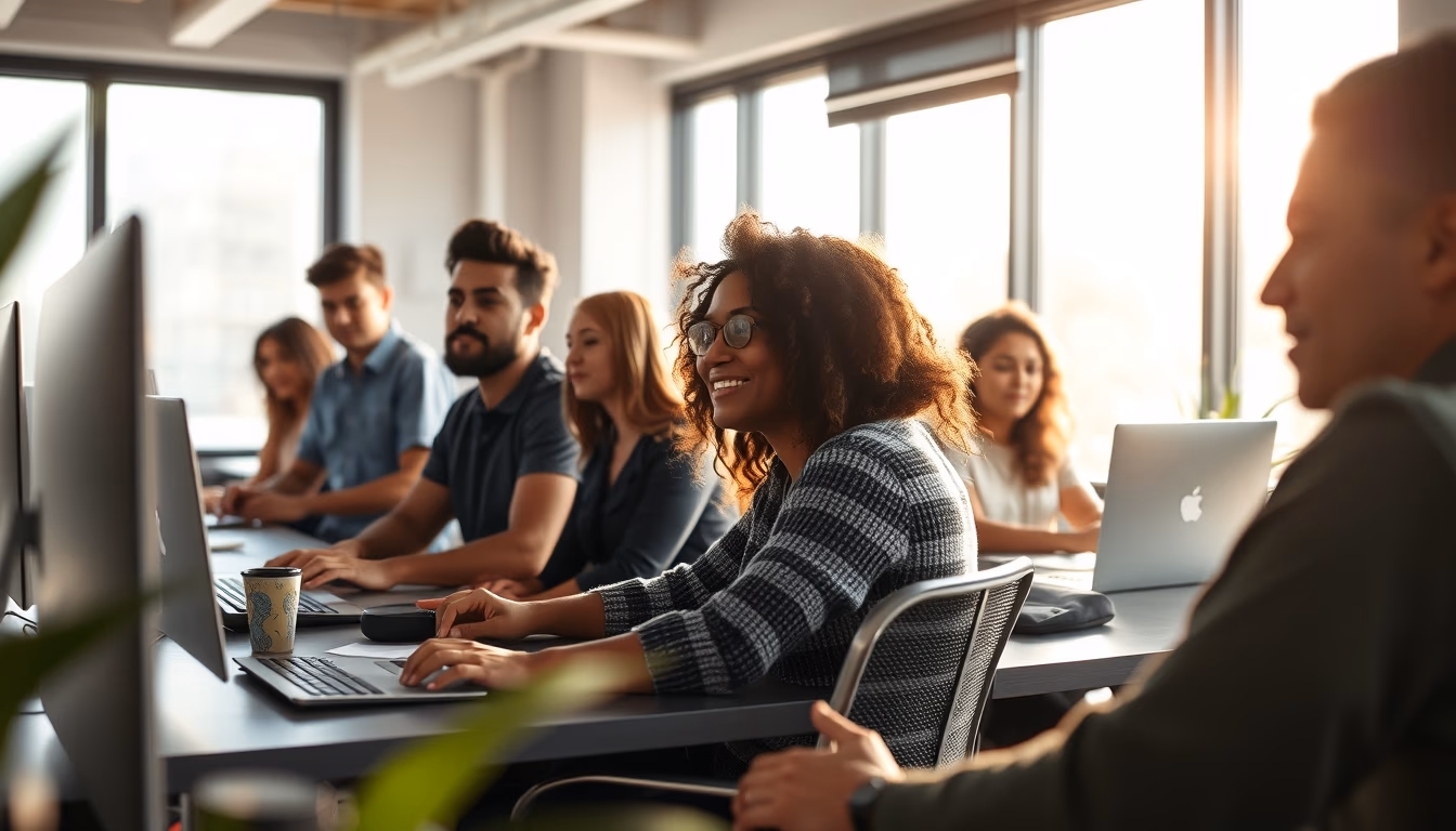 diverse software engineering team in modern co-working space in editorial style
