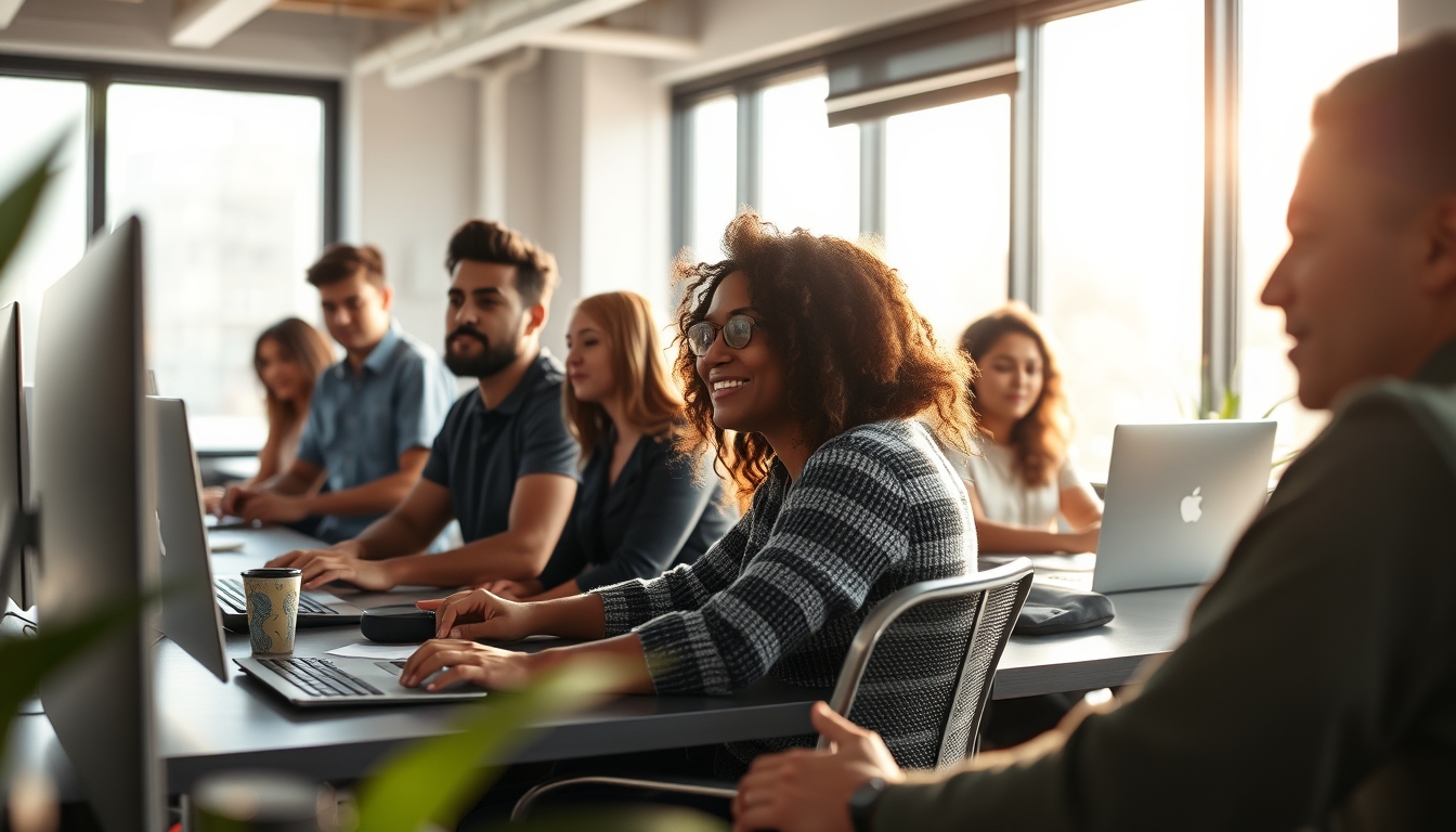 Time de engenharia de software em coworking brasileiro em estilo editorial