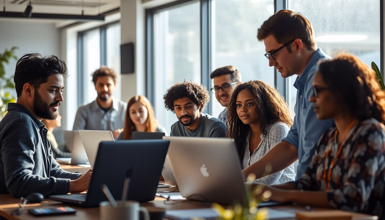 Time de engenharia de software em coworking brasileiro em estilo editorial