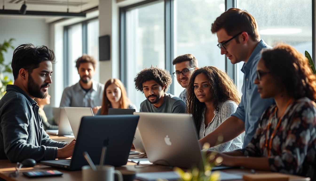 Time de engenharia de software em coworking brasileiro em estilo editorial