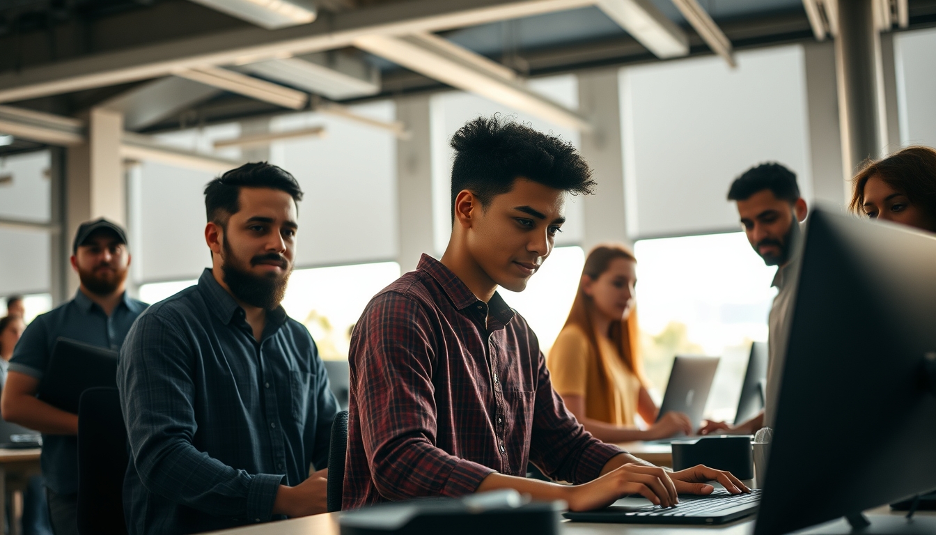 Time de engenharia de software em coworking brasileiro em estilo editorial