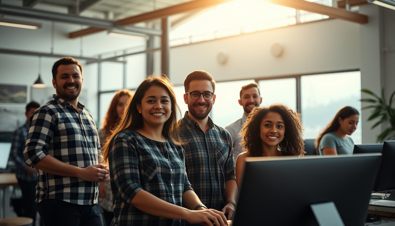 Time de engenharia de software em coworking brasileiro em estilo editorial