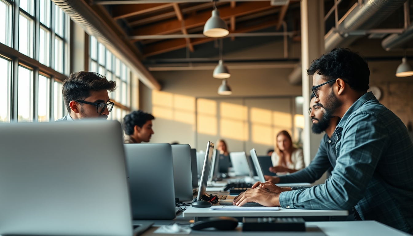 Time de engenharia de software em coworking brasileiro em estilo editorial