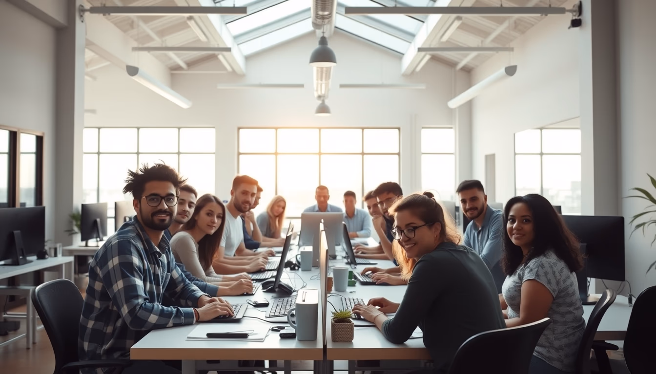 Time de engenharia de software em coworking brasileiro em estilo editorial