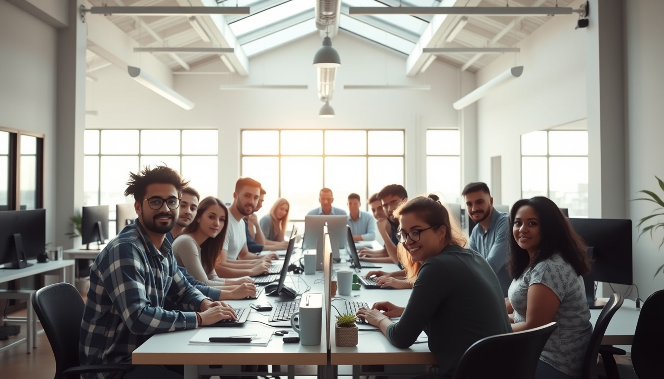 Time de engenharia de software em coworking brasileiro em estilo editorial