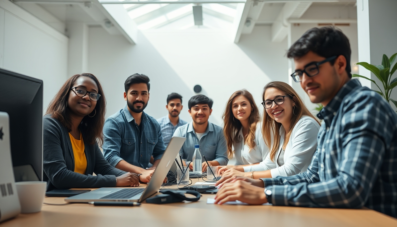 Time de engenharia de software em coworking brasileiro em estilo editorial