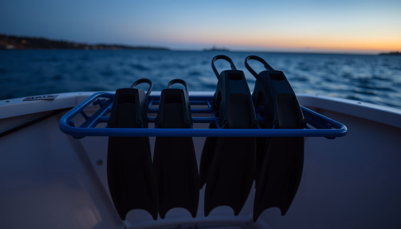 diving fins blue rack in editorial style