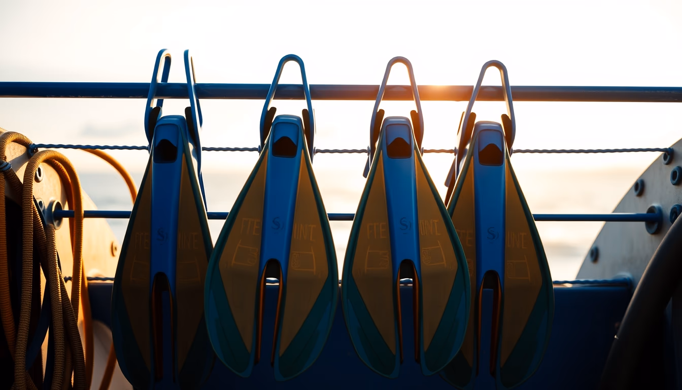 diving fins blue rack in editorial style