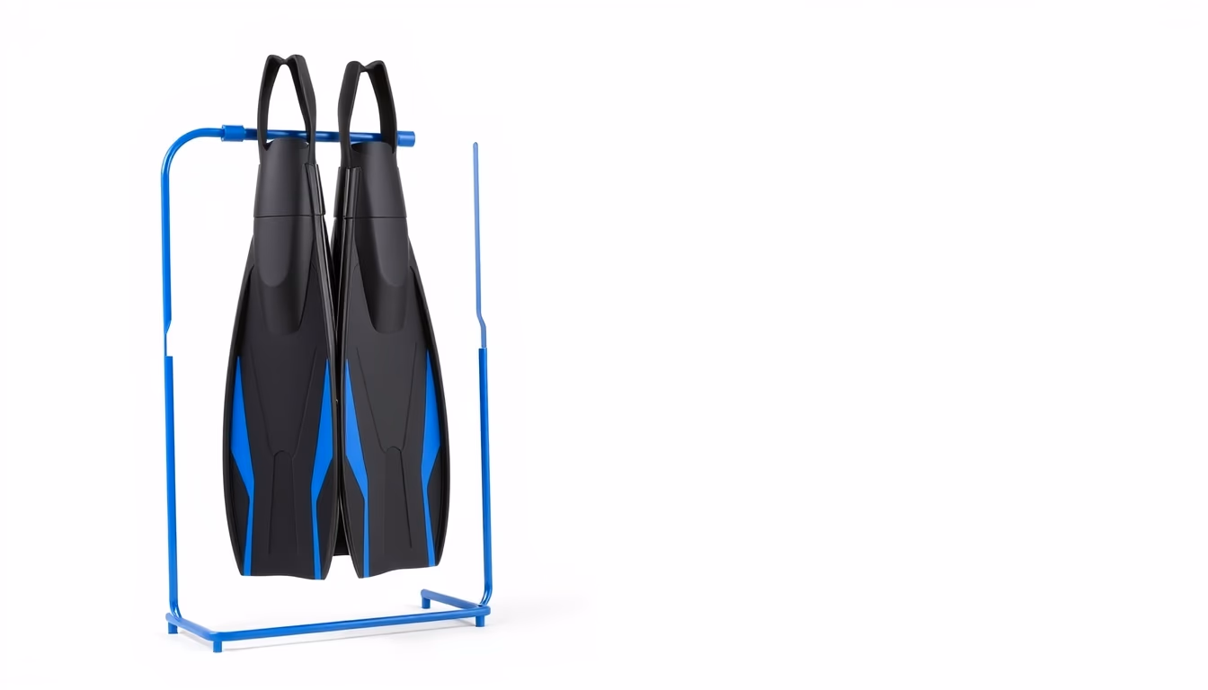 diving fins blue rack in editorial style