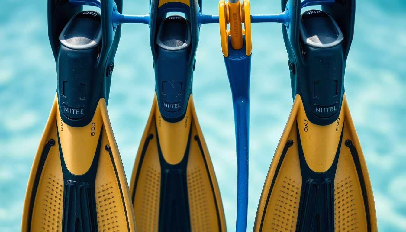diving fins blue rack in editorial style