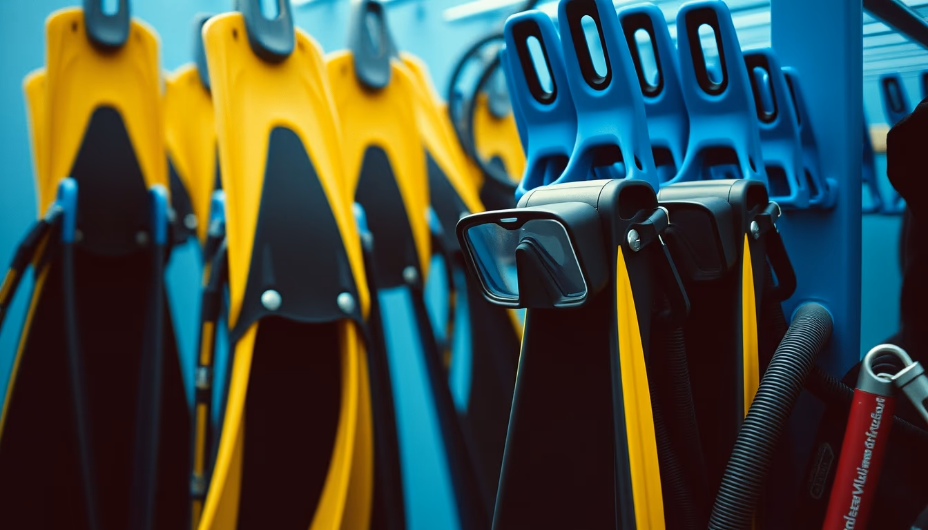 diving fins blue rack in editorial style