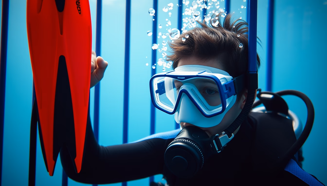diving fins blue rack in editorial style